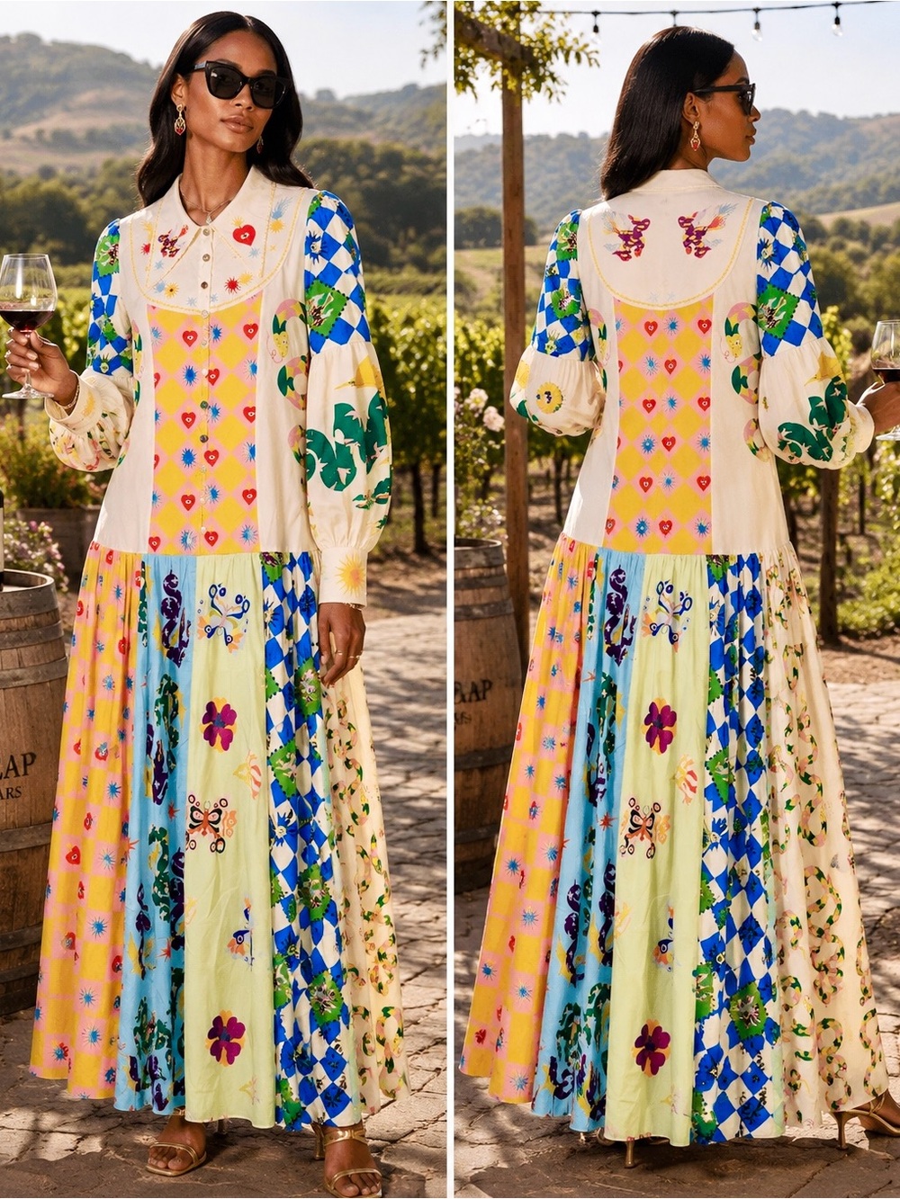 Whimsical Patchwork Linen-Blend Boutique Maxi Dress - Picture 4 of 11